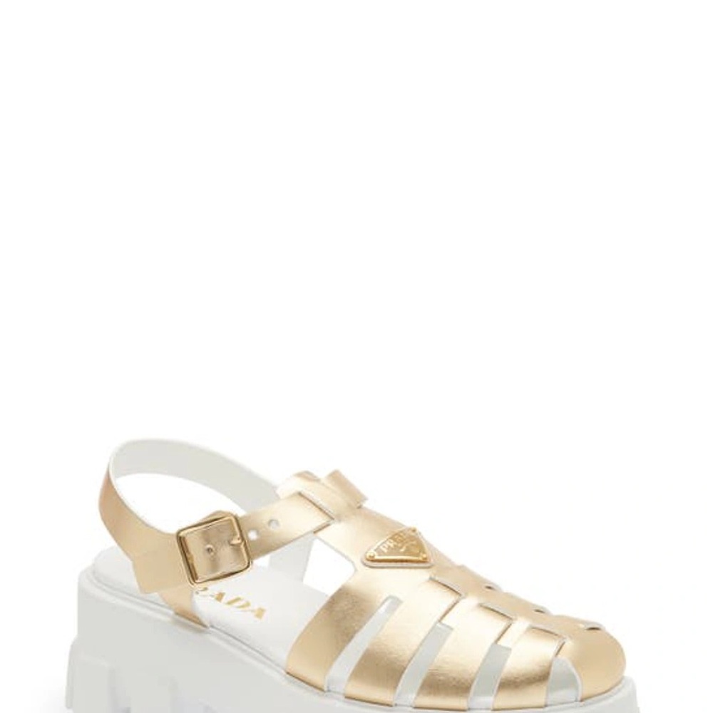 Prada 'Platform' Gold Leather Fisherman Sandals Size 8 - Picture 2 of 3
